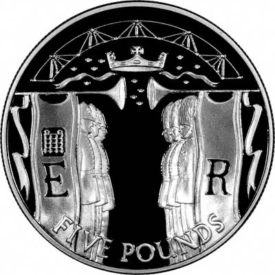 Reverse of 2002 Alderney £5 Golden Jubilee Coronation Procession Silver Coin