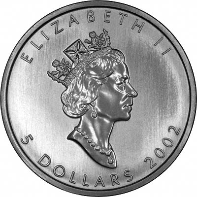 Obverse of 2002 Silver Canadian Maple Leaf