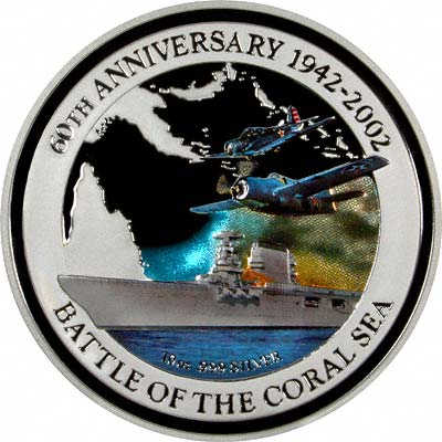 Coloured Battle Scene on Reverse of 2002 Cook Islands Silver Proof 10 Dollars