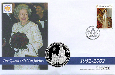 2002 Isle of Man Golden Jubilee One Crown - Queen Elizabeth II on Horse PNC