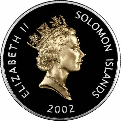 Obverse of 2002 Solomon Islands $5 Golden Jubilee State Opening of Parliment Silver Coin