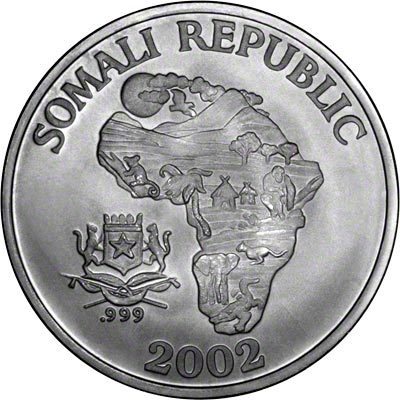 Obverse of 2002 Somalian One Ounce Silver Monkey