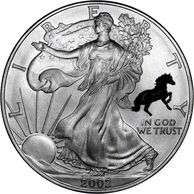 Obverse of 2002 One Ounce Silver Eagle - Horse Privy Mark