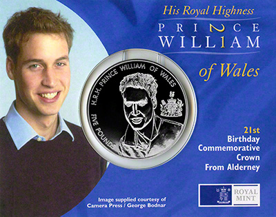 2003 Alderney Prince William Five Pound Cupro Nickel Coin in presentation pack