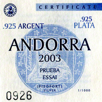 2003 Andorran Silver Proof 5 Euros Certificate