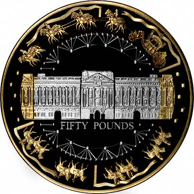 Reverse of 2003 Guernsey Golden Jubilee Fifty Pound Silver Proof Kilo Coin with Selective Gold Plating
