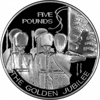 Reverse of 2003 Gurnsey £5 Golden Jubilee Trooping the Colour Gold Plated Portait Silver Coin