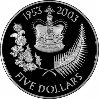Reversde of 2003 Newzealand $5 Golden Jubilee Royal Sceptres Silver Coin