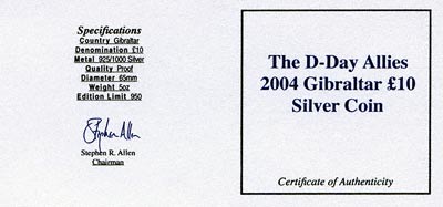 2004 Gibraltar Silver Proof Ten Pounds Certificate