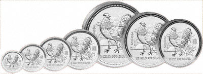 2005 Australian Year of the Rooster Silver Coins - All Seven Sizes