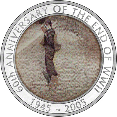 Reverse of 2005 60th Anniversary of the End of WWII Dancing Man Silver Proof One Dollar