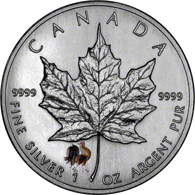 Reverse of 2005 Silver Canadian Maple Leaf - Enamelled Rooster Privy Mark
