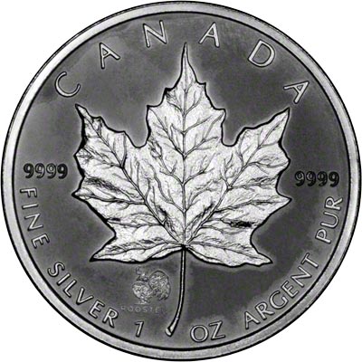 Reverse of 2005 Silver Canadian Maple Leaf - Rooster Privy Mark