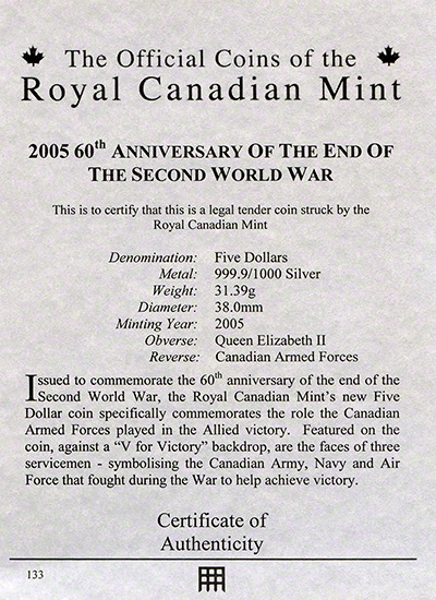 2005 Canadian Five Dollar Certificate