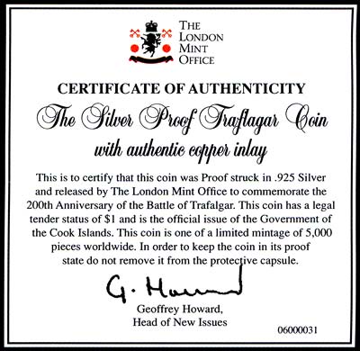 2005 Cook Islands Silver Proof Crown Certificate