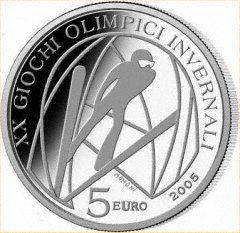 Ski-Jumping on Reverse of 2005 Italian Silver 5 Euro Coin
