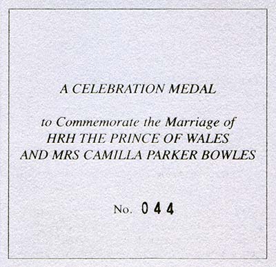 2005 Princes Charles & Camilla Parker Bowles Medallion Certificate