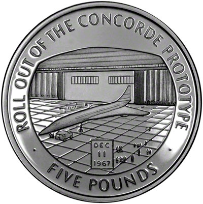 Reverse of 2006 Gibraltar Five Pounds - Roll Out of the Concorde Prototype