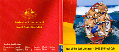 2007 Year of the Surf Lifesaver Silver Proof Five Dollars Certificate