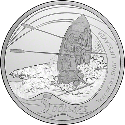 Reverse of 2007 Year of the Surf Lifesaver Silver Proof Five Dollars