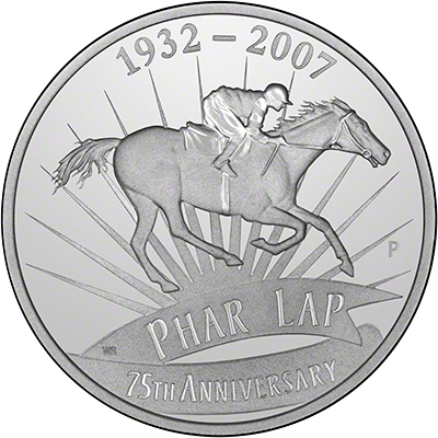 Reverse of 2007 75th Anniversary of Phar Lap Silver Proof One Dollar