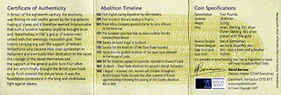 Reverse of 2007 Abolition of Slave Trade Two Pound Coin Certificate