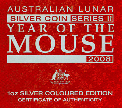2008 Australian Year Of The Rat or Mouse Coloured One Ounce Silver Gilded Coin - Series 2 Certificate