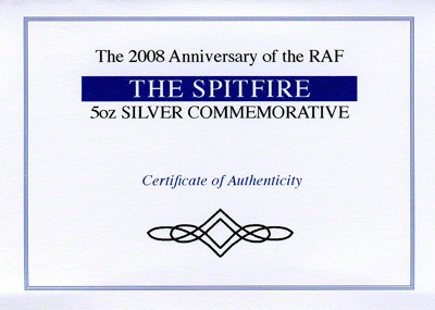 2008 certificate of silver spitfire medallion