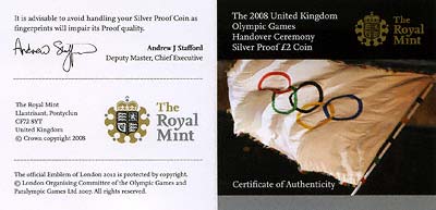2008 Olympic Games Handover Ceremony Silver Proof Two Pound Coin Certificate