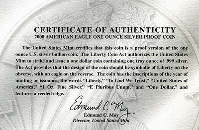 2008 American One Dollar Silver Coin Certificate