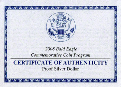Obverse of 2008 Bald Eagle Silver Dollar Certificate