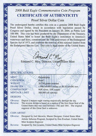 Reverse of 2008 Bald Eagle Silver Dollar Certificate
