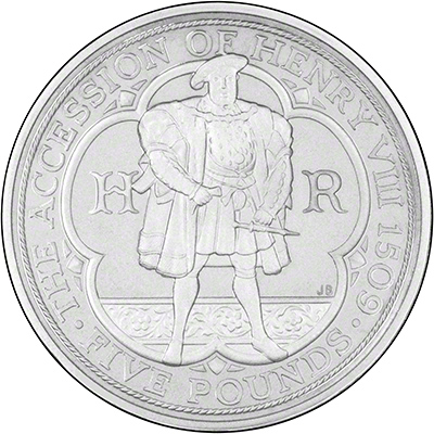 Reverse of 2009 Henry VIII Silver Piedfort Five Pound Crown 
