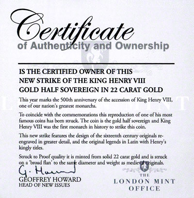 2009 Replica Henry VIII Half Sovereign Certificate
