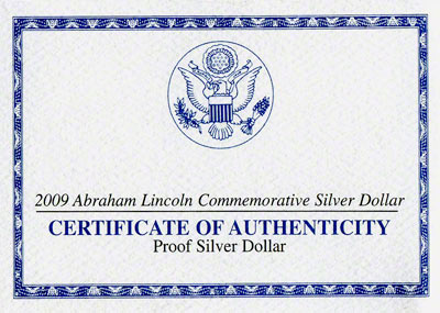 Obverse of 2009 Abraham Lincoln Silver Dollar Certificate
