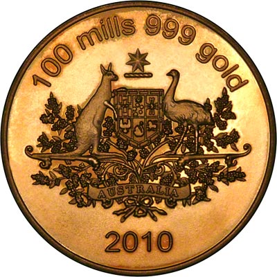 Obverse of 2010 Australia 100 mills Gold Plated Medallion
