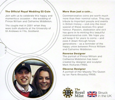 Reverse of 2011 Royal Wedding Five Pound Cupro Nickel Crown