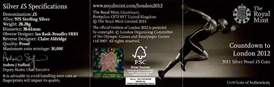 2011 Olympic Countdown Five Pound Crown Certificate