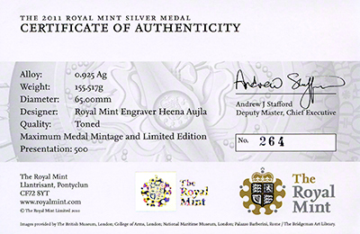 2011 Royal Mint Silver Medal Certificate