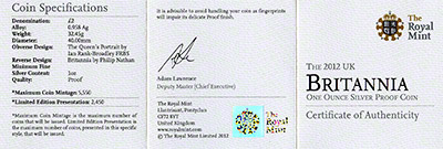 2012 Silver Proof Britannia Certificate