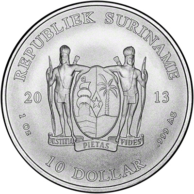 Obverse of the 2013 Suriname 10 Dollar