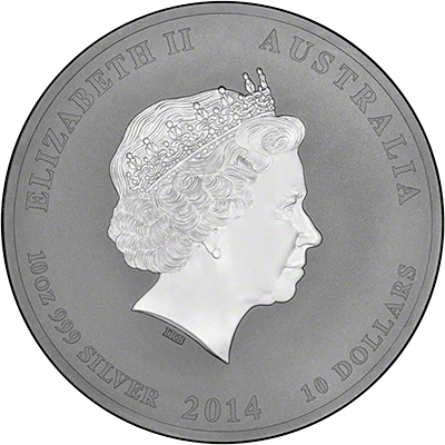 Obverse of 2014 Australian Year of the Horse Ten Ounce Ten Dollars Silver Coin - Series 2