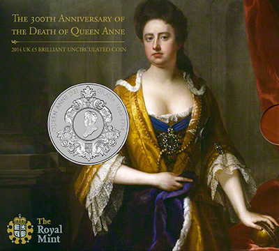 Obverse of 2014 Uncirculated Queen Anne £5 Crown in Folder