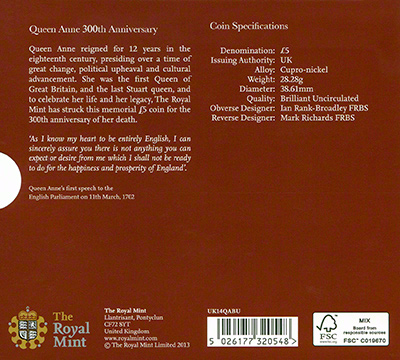 Reverse of 2014 Uncirculated Queen Anne £5 Crown Folder