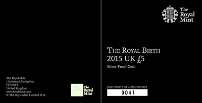 2015 Royal Birth Silver Proof £5 Crown Certificate Obverse