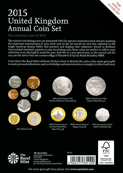 2015 United Kingdom Brilliant Uncirculated Annual Coin Set By The Royal Mint 