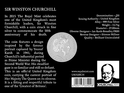 2015 Sir Winston Churchill Silver Twenty Pound Coin in Folder