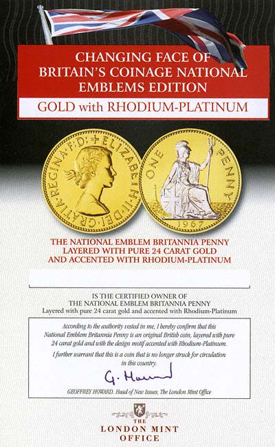 London Mint Office National Emblem Britannia Penny Layered with Pure 24 Carat Gold and Accented with Rhodium-Platinum Certificate