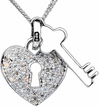 18ct White Gold Heart Padlock and Key Pendant