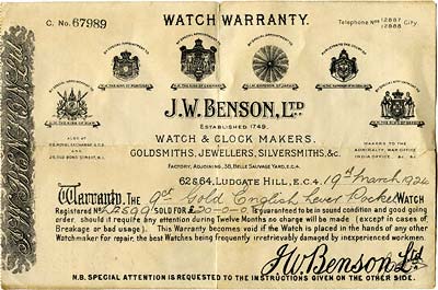 J. W. Benson Watch Warranty
